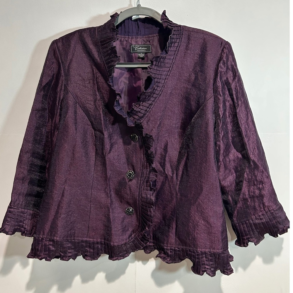 Dressbarn Jacket Women 16 Purple Ruffle Trim Sheen Button Front Witchy Goth Dark